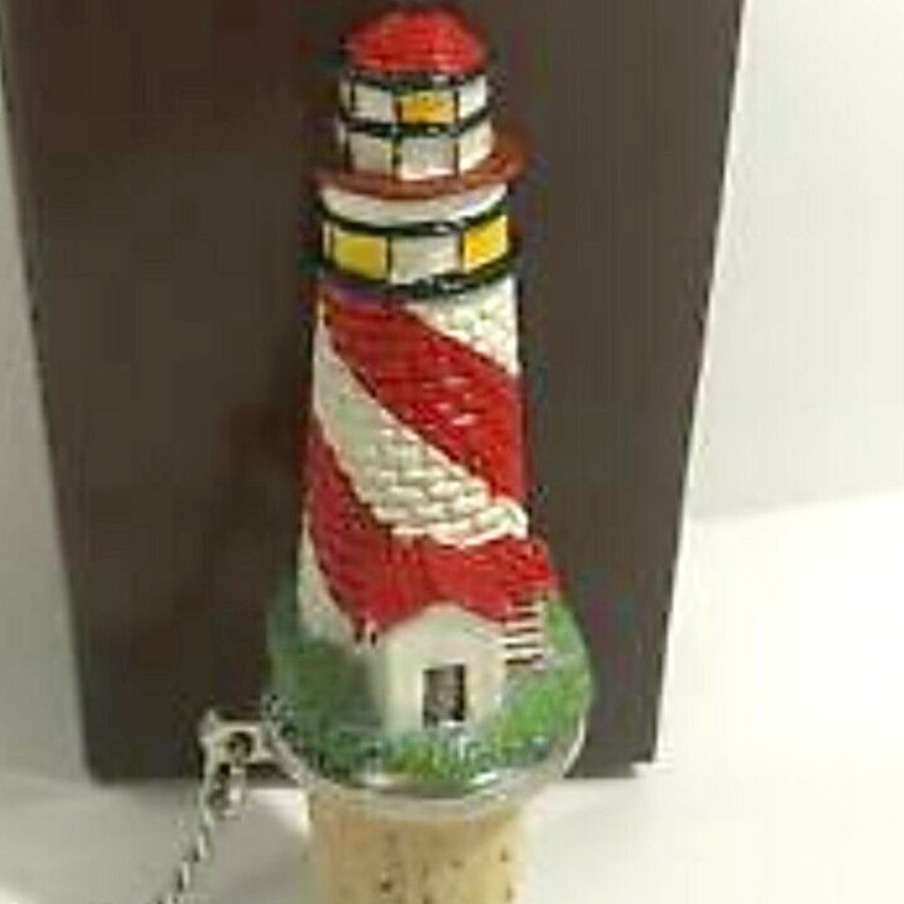 LOT OF 5LIGHTHOUSE SOLID PEWTER/CORK BOTTLE STOPPER WITH CHAIN HAND PAINTED BNIB - Picture 1 of 6